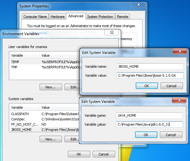 set JBOSS_HOME and JAVA_HOME environment variables in Windows 7