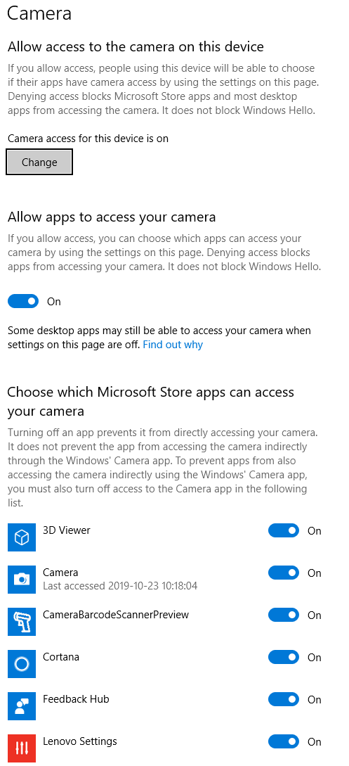 Windows 10 Camera permissions 1