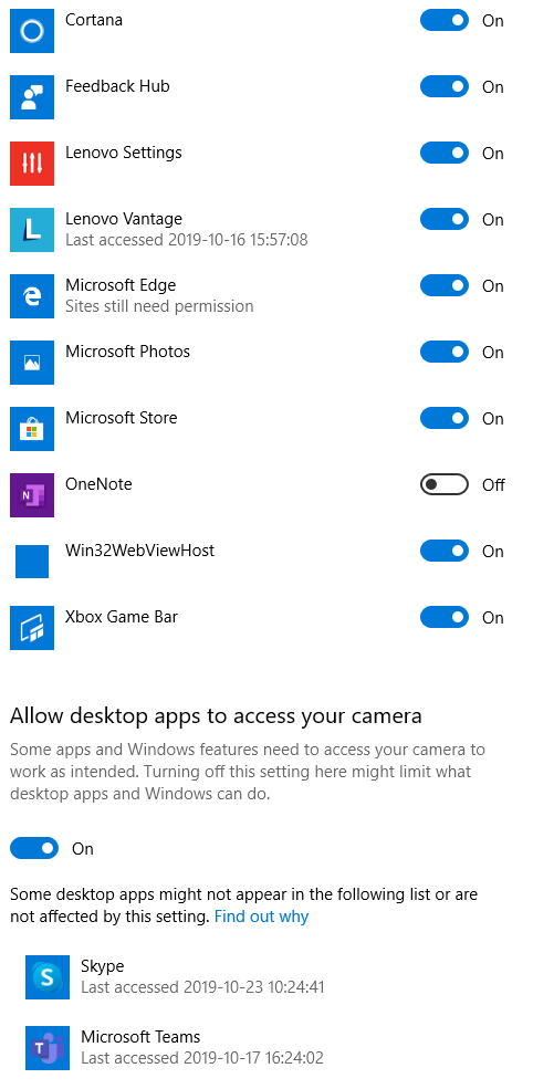 Windows 10 Camera permissions 2
