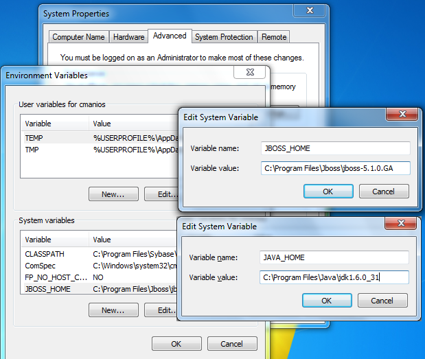 set  JBOSS_HOME and JAVA_HOME environment variables in Windows 7