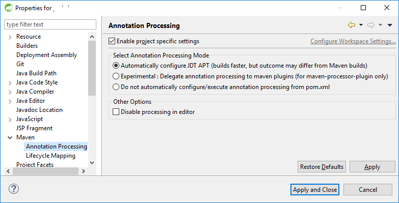 Eclipse enable auto annotation processing using apt and m2e-apt plugin